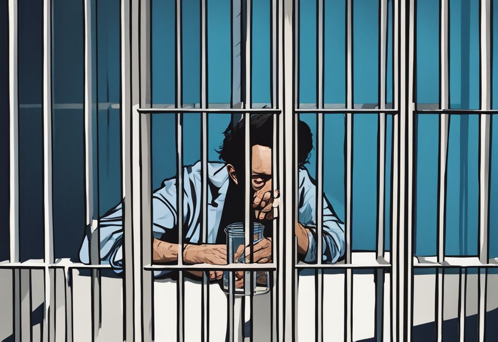 Moderne fotorealistische Illustration in Blau: Verzweifelte Person hinter Gittern zählt Münzen, Konzept von kein Geld für Kaution.