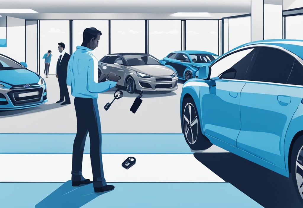 Moderne fotorealistische Illustration eines Autovermieters, der einem Kunden Autoschlüssel übergibt, mit mehreren Autos im Hintergrund, Konzept: Auto ohne Kaution mieten.