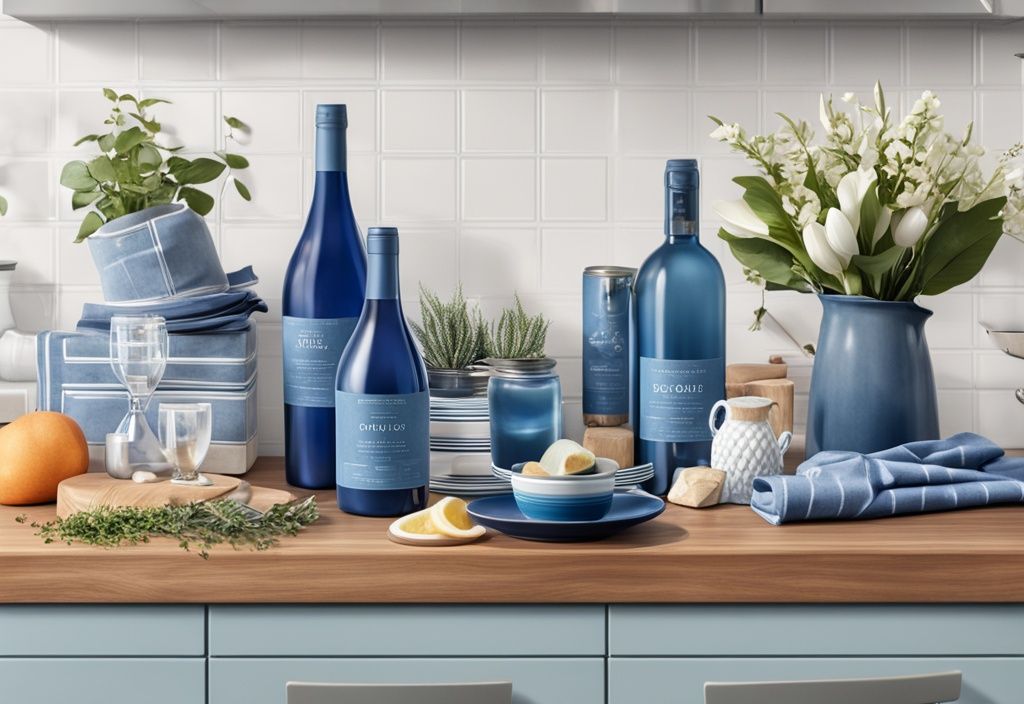 Moderne fotorealistische Illustration in Blau mit beliebten Einzugsgeschenken wie Pflanzen, Wein, Kerzen und Gourmetkörben auf einer Küchenarbeitsplatte - was schenkt man zum Einzug