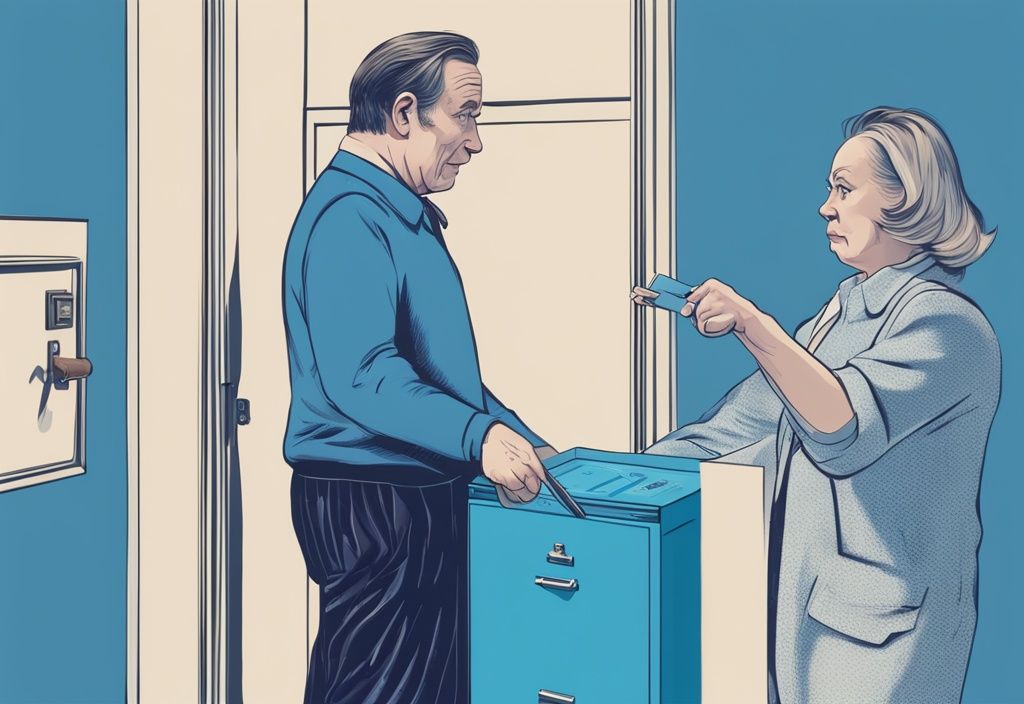 Ein moderner fotorealistischer Illustration in Blau zeigt einen Vermieter, der die Kaution nicht zurückzahlt, während er eine Deposit-Box hält und sich von einem flehenden Mieter abwendet.