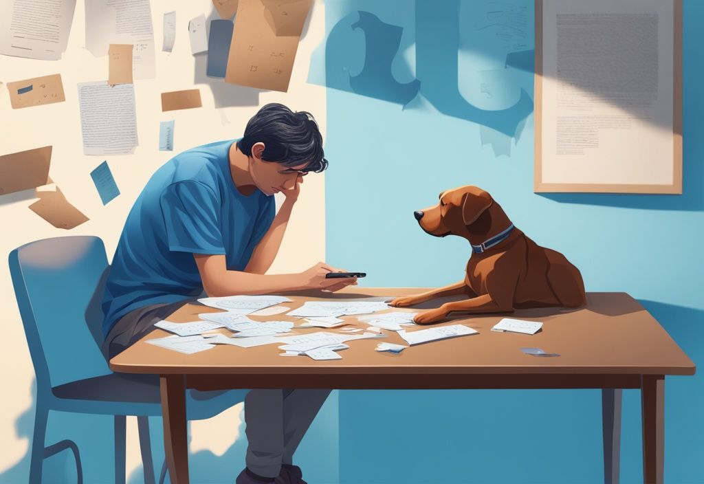 Besorgter Hundebesitzer betrachtet amtliche Briefe auf einem Tisch, Hundesilhouette im Hintergrund, Thema: Hundesteuer nicht bezahlt, moderne fotorealistische Illustration in Blau.