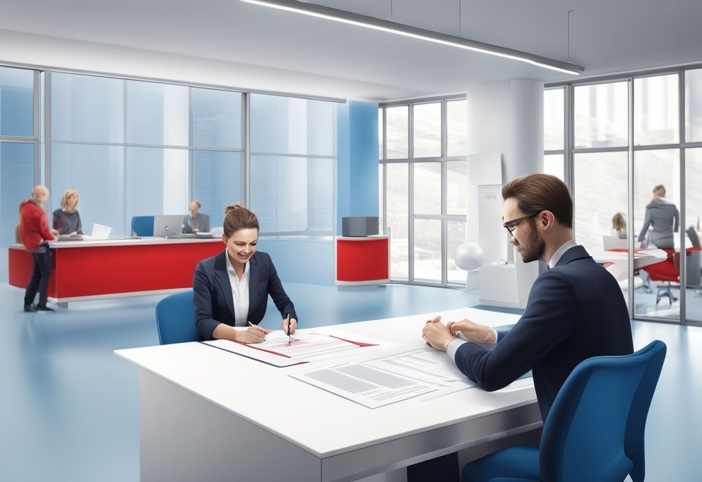 Person unterzeichnet glücklich Mietvertrag in Sparkasse Büro mit Garantiezertifikat auf dem Schreibtisch, moderne fotorealistische Illustration in Blau.