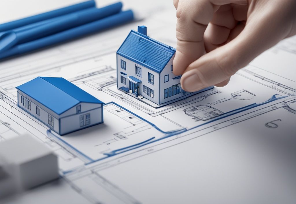 Hand platziert Reserviert-Schild auf Modellhaus auf einem Bauplan, moderne fotorealistische Illustration in Blau.