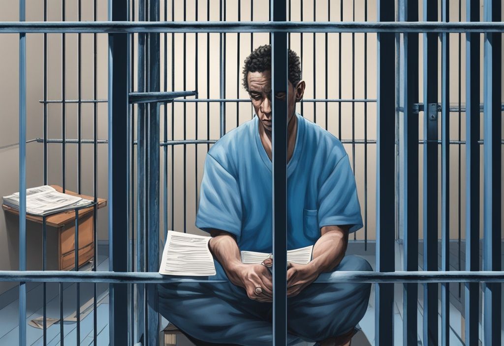 Moderne fotorealistische Illustration eines ängstlichen Menschen in einer Gefängniszelle, Hände an den Gittern, mit einem umfassenden Kautionsdokument und einem auffälligen "ABGELEHNT"-Stempel außerhalb der Zelle.