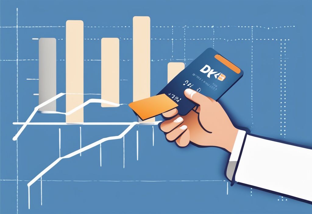 Hand hält Bankkarte mit "DKB Mietkautionskonto" vor gepunktetem Graph mit steigenden Pfeilen, Wachstumsanzeige, blaues Farbschema