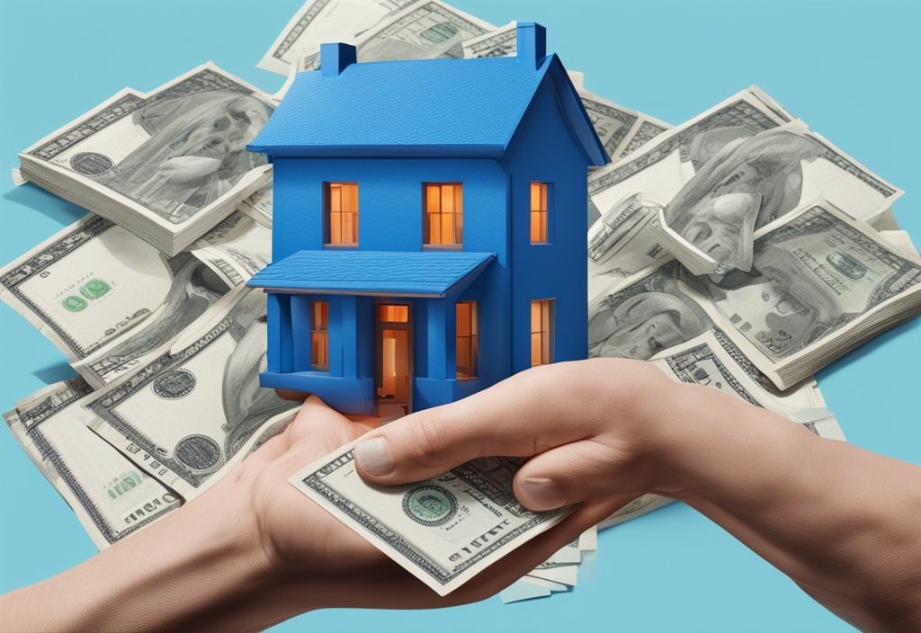 Moderne fotorealistische Illustration in Blau, Hände halten ein kleines Haus mit Banknote darunter, Mietkautionsdepot.