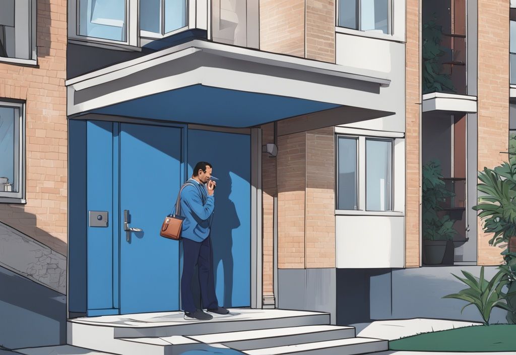 Moderner fotorealistischer Illustration eines unsicheren Vermieters mit Schlüssel am Eingang einer Wohnung, Hauptfarbthema blau.