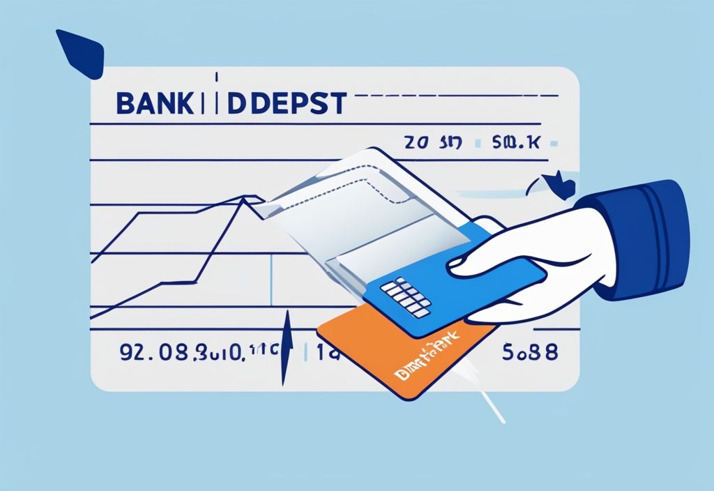 Hand hält DKB Mietkautionskonto-Karte vor gepunktetem Diagramm mit steigenden Pfeilen, Wachstumsdarstellung, blaues Farbschema, fotorealistische Illustration.