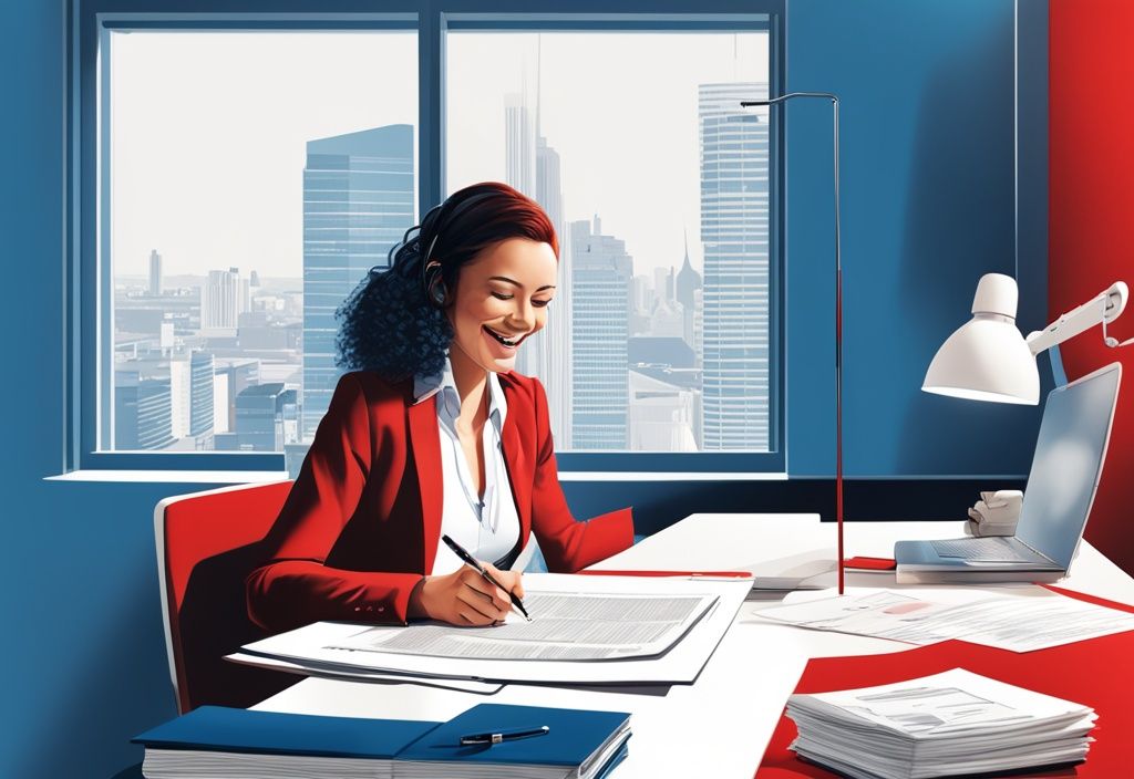 Person unterzeichnet Mietvertrag in Sparkasse-Büro mit Garantieurkunde auf dem Schreibtisch, moderne fotorealistische Illustration in Blau.