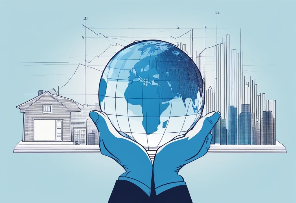 Moderne fotorealistische Illustration mit blauer Farbgebung: Hände halten eine kleine Weltkugel mit überlagerten Bildern von Häusern und einem Mietkaution ETF Diagramm.