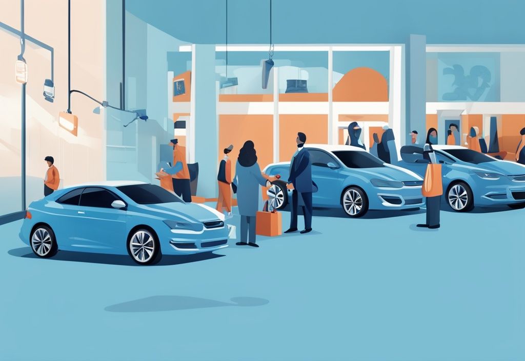 Moderne fotorealistische Illustration einer Person, die vom Händler Autoschlüssel erhält, mit einer Reihe von Autos im Hintergrund, die das Konzept "Auto ohne Kaution mieten" veranschaulichen.