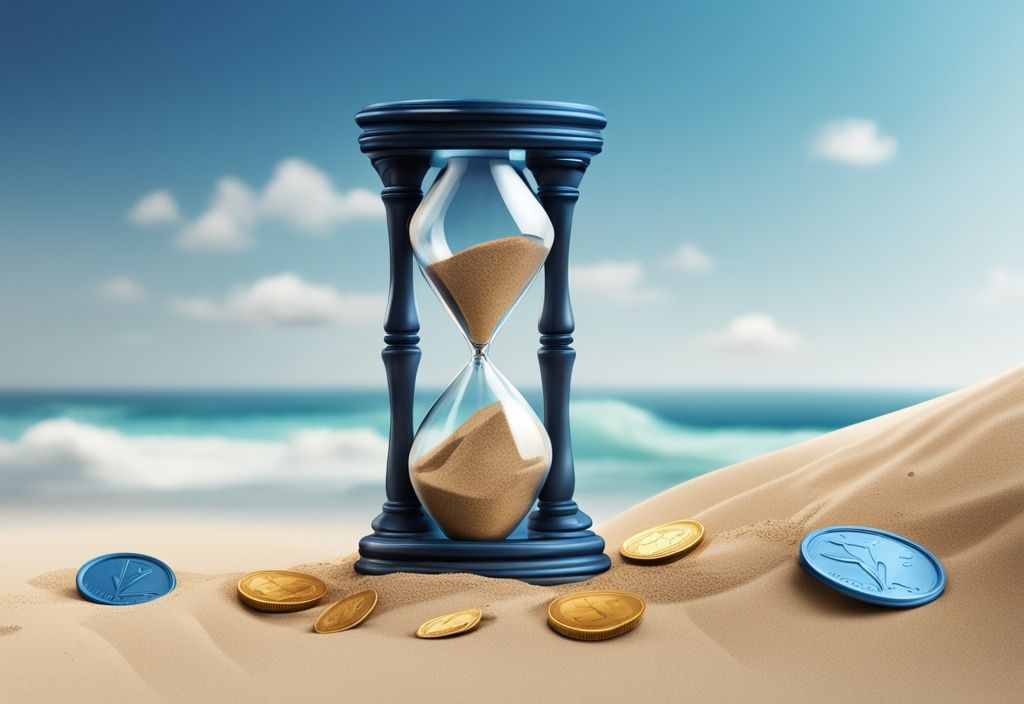 Moderne fotorealistische Illustration einer blauen Sanduhr mit Münzen statt Sand, die die ablaufende Rückerstattungsfrist eines Deposits symbolisiert