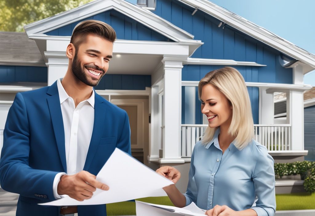 Moderne fotorealistische Illustration mit blauem Farbschema: Potenzieller Hauskäufer übergibt Vertrag mit Titel "Vorkaufsrecht bei Häusern" an lächelnden Immobilienmakler, im Hintergrund ein schönes Haus.