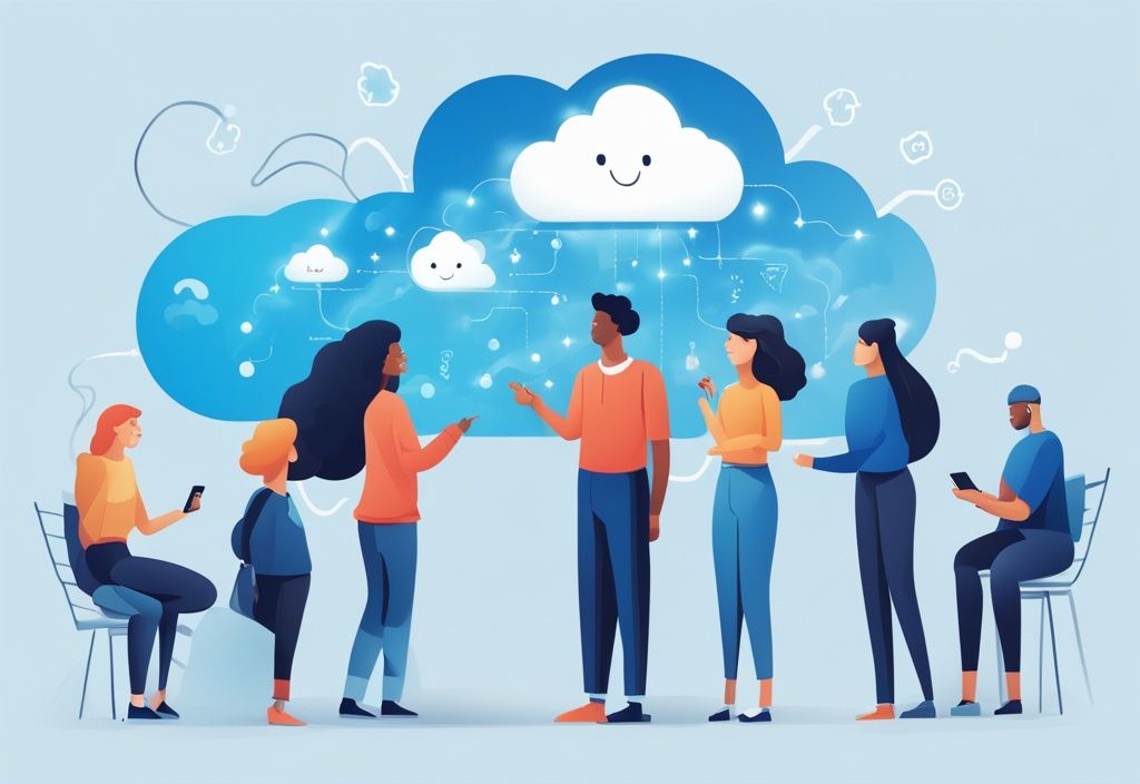 Moderne fotorealistische Illustration einer vielfältigen Gruppe von Menschen, die ihre positiven Reaktionen beim Interagieren mit einem digitalen Cloud-Symbol zeigen, das die Immocloud-Plattform symbolisiert, Hauptfarbthema blau.