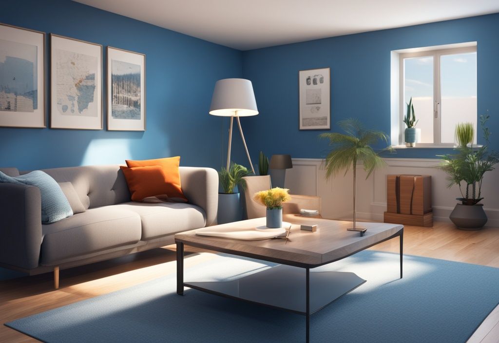 Modernes fotorealistisches Bild einer gut beleuchteten, möblierten Wohnung mit einem "Zu untervermieten" Schild auf dem Couchtisch, Hauptfarbthema Blau.