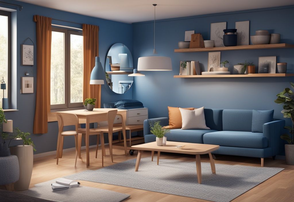 Modernes fotorealistisches Bild eines gemütlichen, gut beleuchteten Kellerapartments mit blauer Farbgestaltung, moderner Einrichtung, kleiner Kochnische, bequemem Sofa und einem Bett in der Ecke.