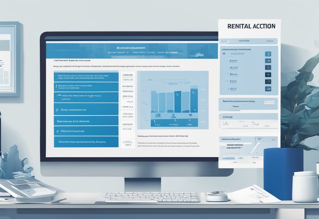 Moderne fotorealistische Illustration eines Computerbildschirms mit einem detaillierten, leicht verständlichen Infografik über das Konzept und den Prozess eines Mietauktionskontos, Hauptfarbthema blau.