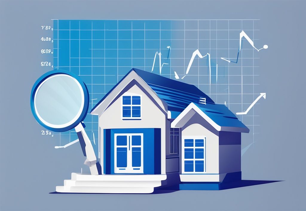 Moderne fotorealistische Illustration eines Balkendiagramms zur Entwicklung von Mietkautions-ETFs vor einem Mietgebäude mit einer Lupe über dem Diagramm, Hauptfarbthema Blau