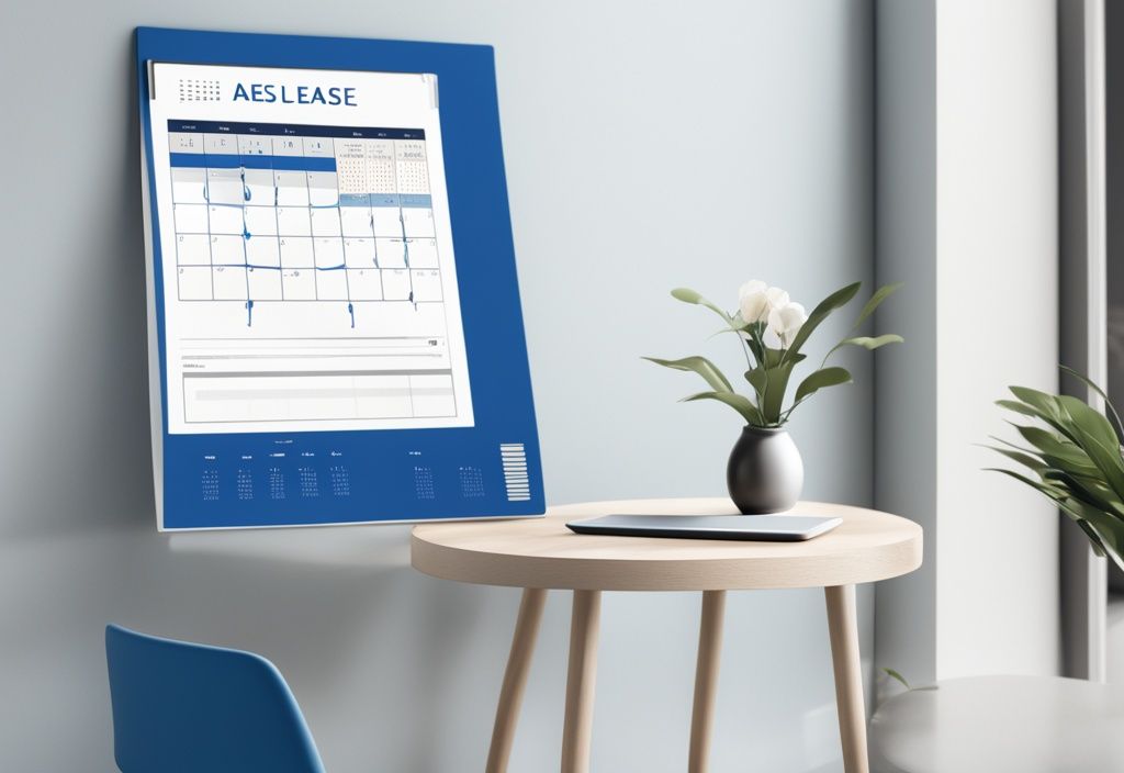 Modernes fotorealistisches Bild mit blauem Farbthema, Kalender mit hervorgehobenen Terminen neben einem unterschriebenen befristeten Mietvertrag mit hervorgehobenem Enddatum.