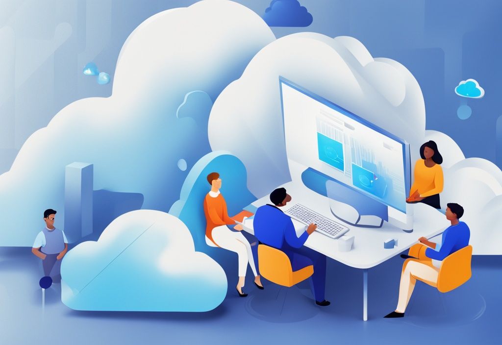 Moderne fotorealistische Illustration mit blauem Farbschema, diverse Gruppe von Fachleuten arbeitet und kollaboriert auf einer Cloud-Plattform, symbolisiert nahtlose Immocloud Erfahrungen.