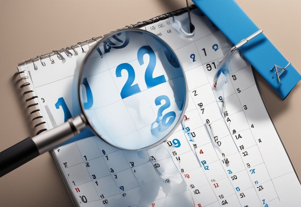 Moderne fotorealistische Illustration in Blau: Kalender mit markierten Terminen neben einer Gewerbeimmobilie, Kündigungsfrist für einen Gewerbemietvertrag unter einer Lupe.