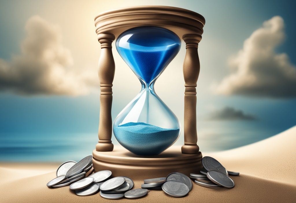 Moderne fotorealistische Illustration einer blauen Sanduhr mit Münzen anstelle von Sand, die den Ablauf der Rückerstattungsfrist eines Deposits symbolisieren.