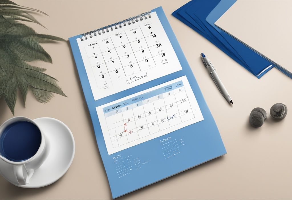 Modernes fotorealistisches Bild mit blauem Farbthema, Kalender mit hervorgehobenen Daten neben einem unterschriebenen befristeten Mietvertrag mit markiertem Enddatum.