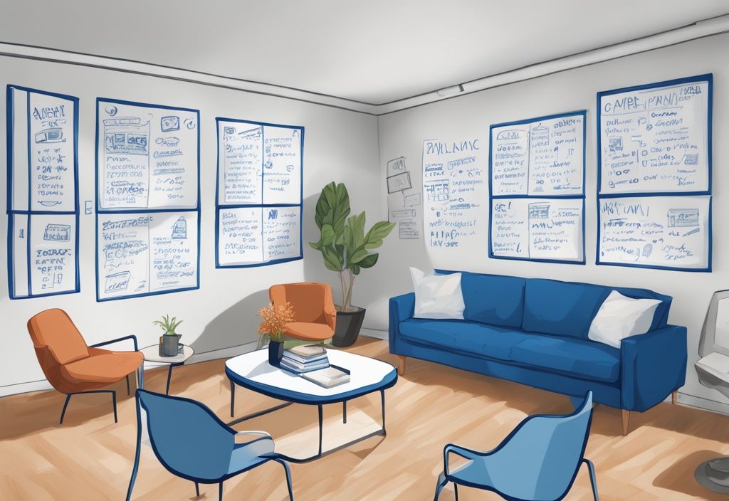 Abkürzungen bei Wohnungen: Moderne, fotorealistische Illustration in Blau mit einem Whiteboard, das verschiedene Abkürzungen für Wohnungstypen und handgezeichnete Grundrisse zeigt.