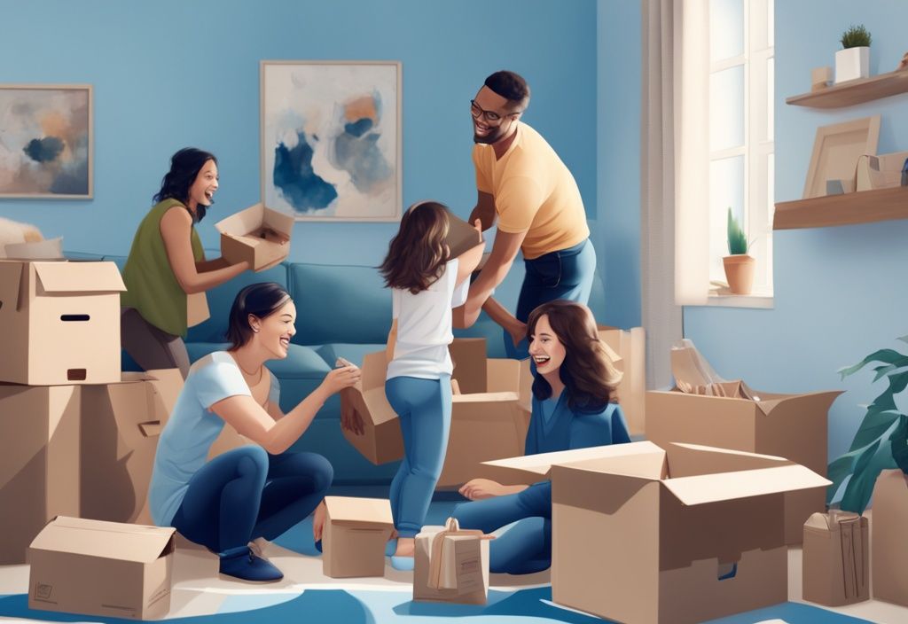 Moderne fotorealistische Illustration einer glücklichen Familie, die in ihrem neuen Zuhause Umzugskartons auspackt, Wohnsitz ummelden, Hauptfarbthema Blau.