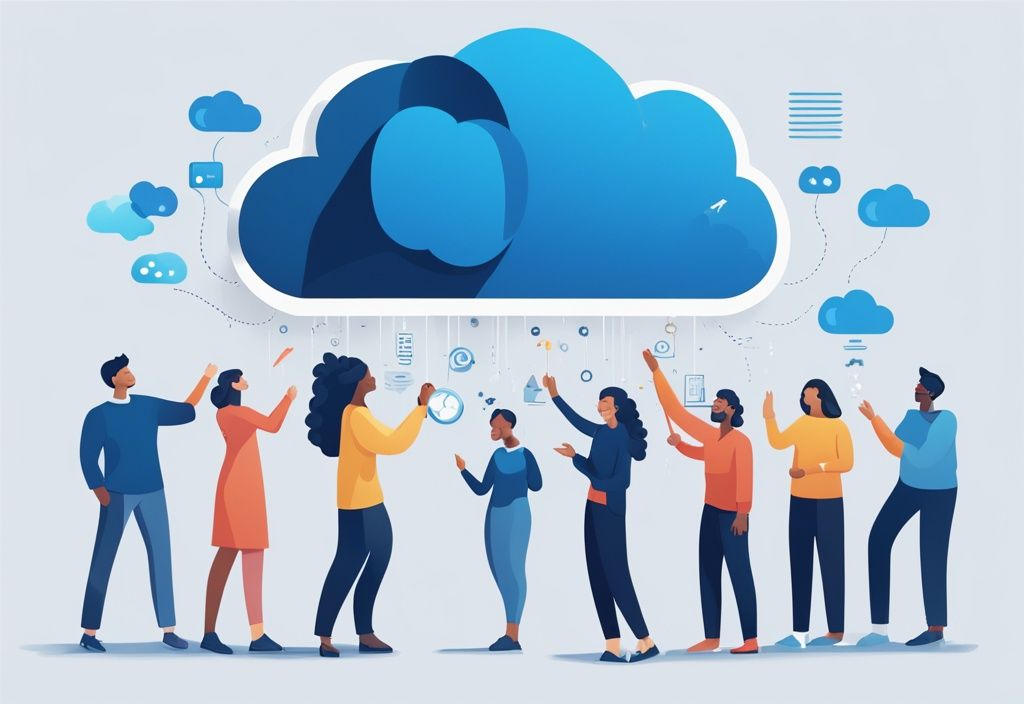 Moderne fotorealistische Illustration einer vielfältigen Gruppe von Menschen, die positive Reaktionen beim Interagieren mit einem digitalen Cloud-Symbol des Immocloud-Plattform zeigen, Hauptfarbthema Blau.