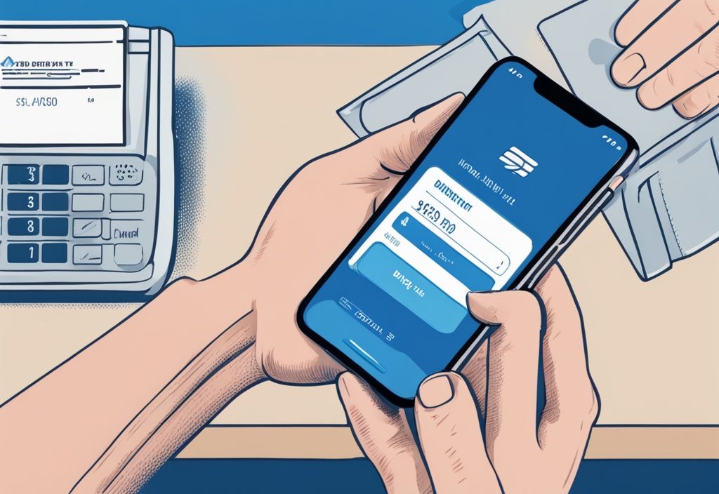 Hand, die mit einer mobilen Banking-App auf einem Smartphone interagiert und Geld auf ein 'Sofortzugriff Mietkautionskonto' überweist, moderne fotorealistische Illustration in Blau.