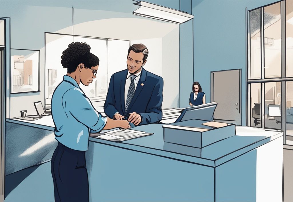 Moderne fotorealistische Illustration: Person in formeller Kleidung übergibt einem Jobcenter-Mitarbeiter ein Kautionspapier über einem Schreibtisch, symbolisiert die Übernahme der Kaution durch das Jobcenter.