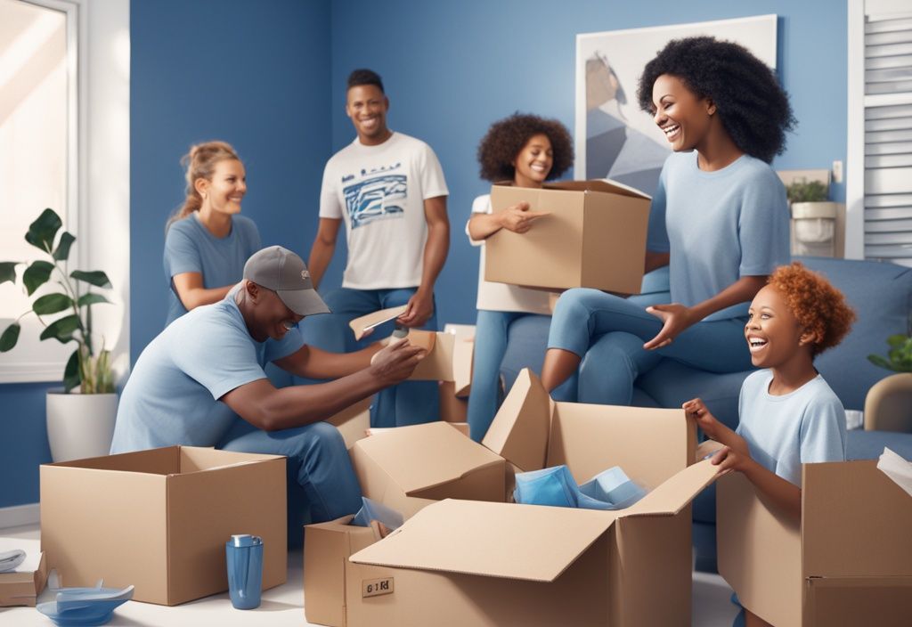 Familie beim fröhlichen Auspacken von Umzugskartons in ihrem neuen Zuhause, jeder beschäftigt sich mit einem Haushaltsgegenstand, Wohnsitz ummelden.