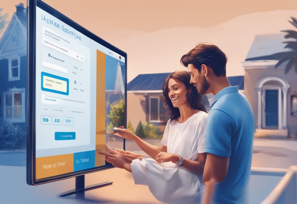 Modernes fotorealistisches Bild eines Paares, das einen digitalen Bildschirm mit einer laufenden Hausmietauktion betrachtet, mit dem Schwerpunkt auf ihrem Mietauktionskonto; was ist ein Mietauktionskonto.